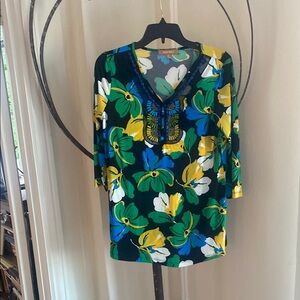 Ellen Tracy Green and Yellow Graphic 3/4 Sleeve Blouse